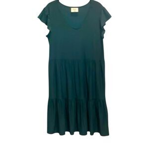 Kaiya Boutique Dark Green Babydoll Dress Sz Medium Tiered Ruffles Capped Sleeves